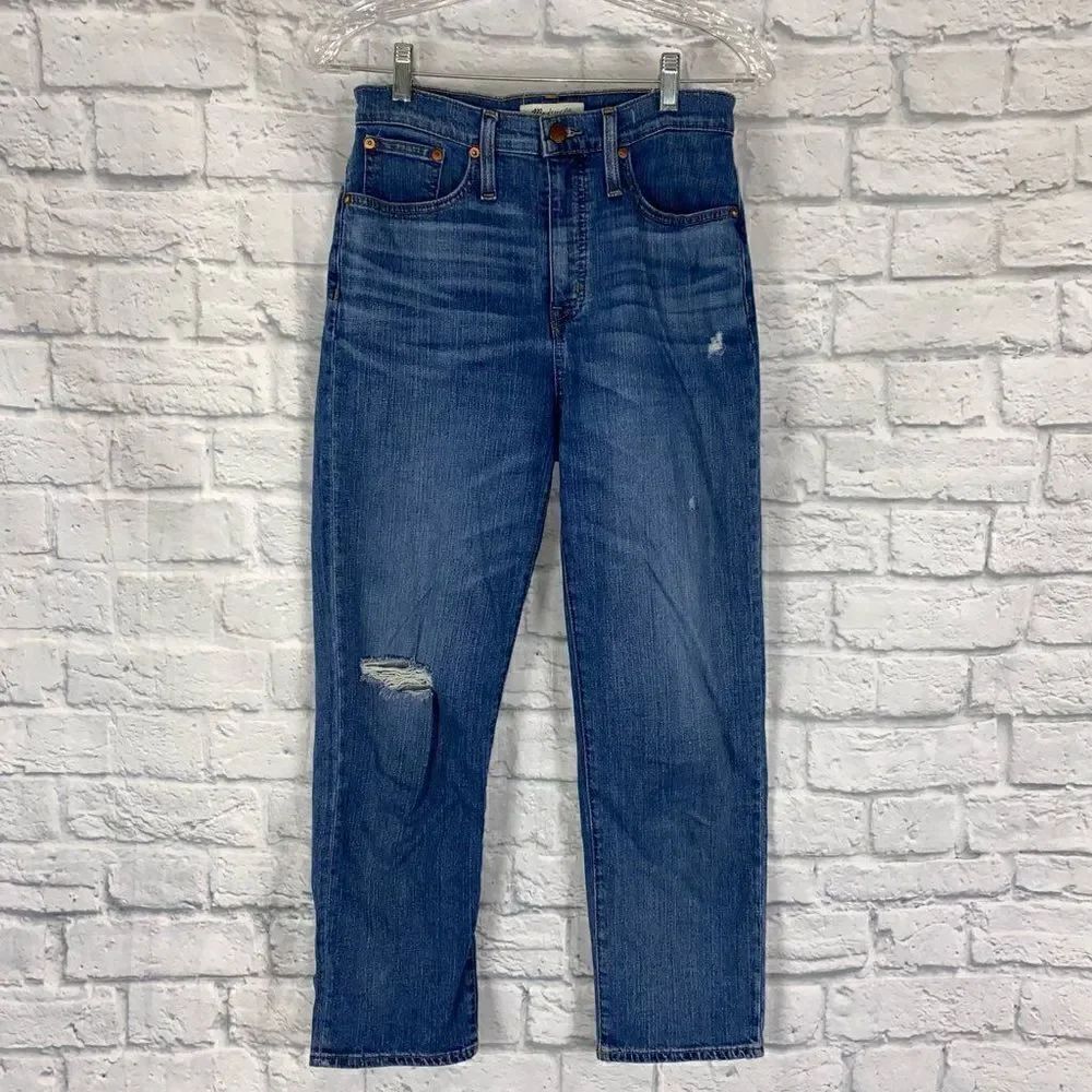 Madewell classic straight distressed ripped blue jeans sz 26 women